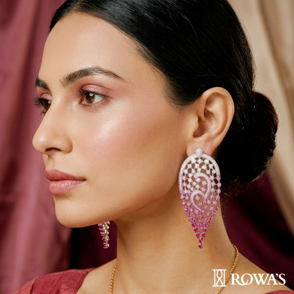 Radiant Lace Earrings in Pink Rhodium and Diamonds