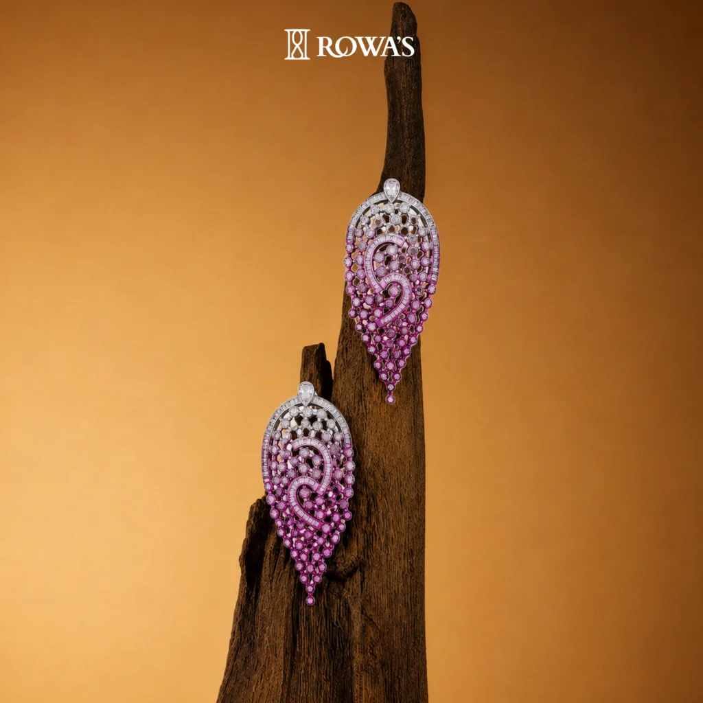 Radiant Lace Earrings in Pink Rhodium and Diamonds